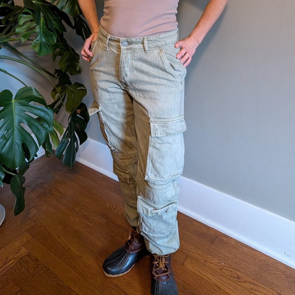 BoohooMAN Relaxed Fit Washed‎ Multi Pocket Cargo Jeans Green Denim Mens US 30